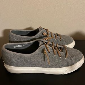 Grey Sperrys with leather laces